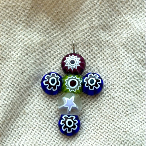 Millefiori Floral Flower Star Art Glass Cross Pendant Necklace Christian Faith + - Picture 5 of 8